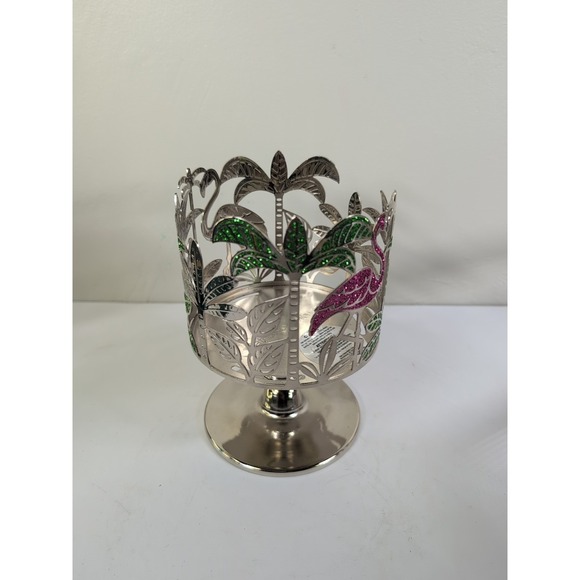 Bath & Body Works Pink Flamingos Palm Trees Pedestal 3-Wick Candle Holder Silver - Picture 4 of 6